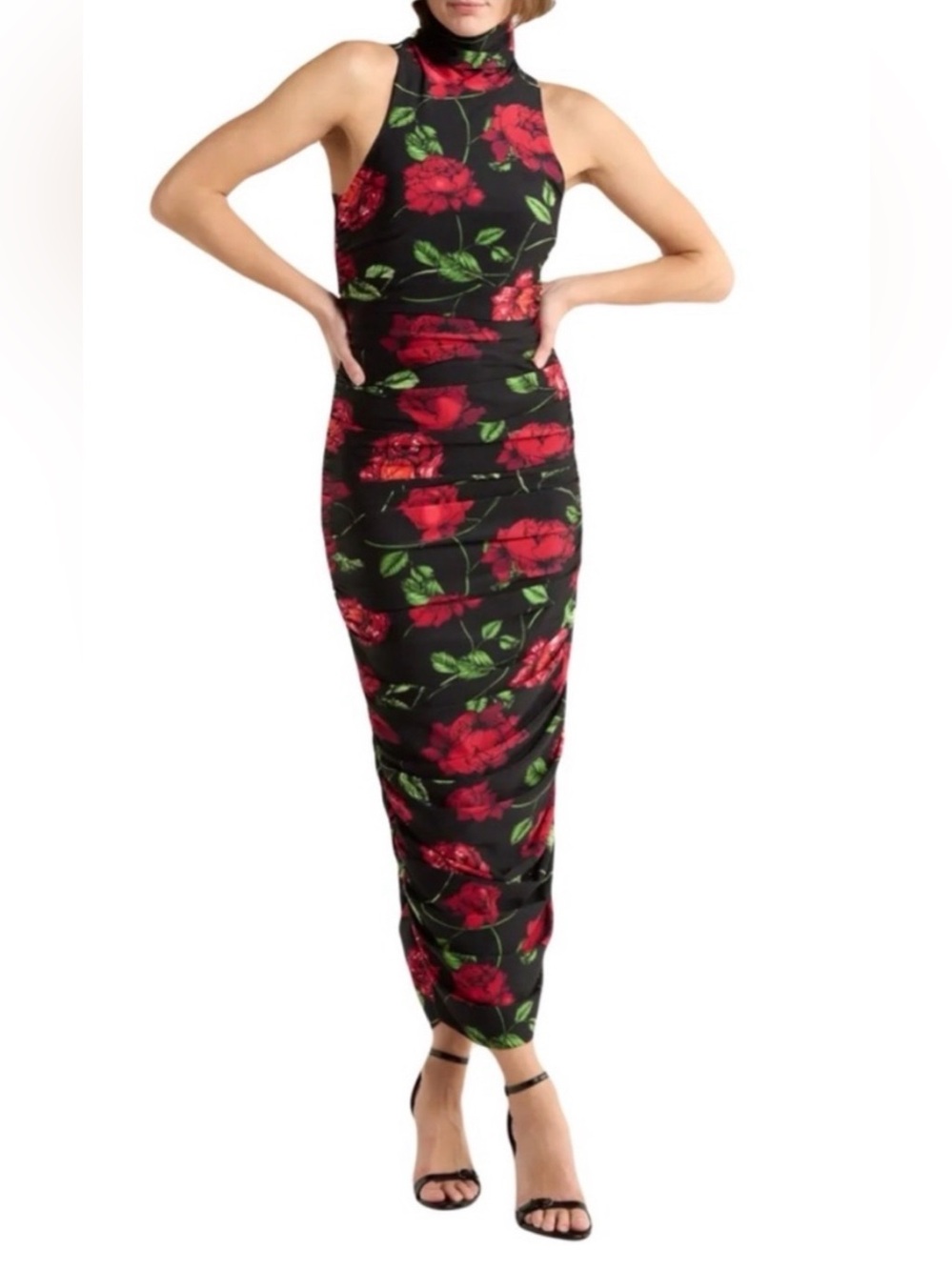 AFRM Sonia Shiny Knit Ruched Floral Sleeveless Maxi Dress XL